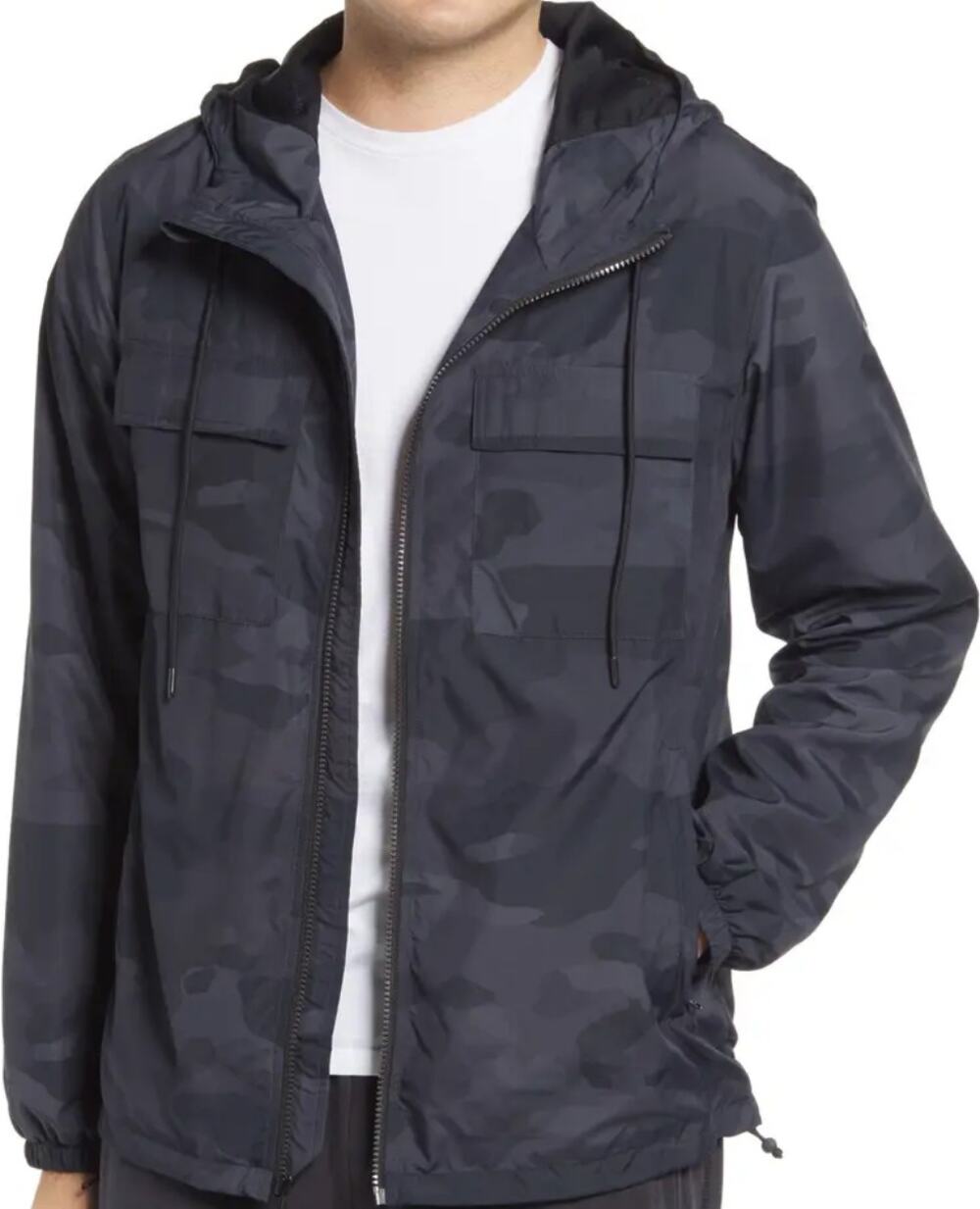 Alo Stride Camo Hooded Jacket Full Zip Pockets Drawstring Camo Gray Black XL